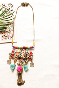 Cross-Stitched Crochet Fabric Threads and Pom Pom Chain Closure Necklace