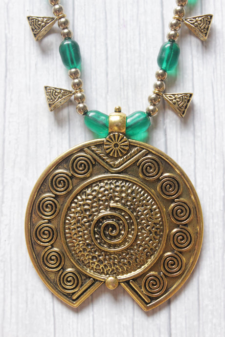 Gold Finish Metal Pendant Necklace Accentuated with Green Glass Beads