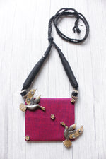 Load image into Gallery viewer, Dual Tone Metal Bird Motif Fuchsia Fabric Necklace with Adjustable Thread Closure
