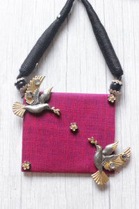 Dual Tone Metal Bird Motif Fuchsia Fabric Necklace with Adjustable Thread Closure