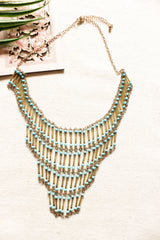 Blue Beads and Metal Pipe Charms Multi-Layer Necklace