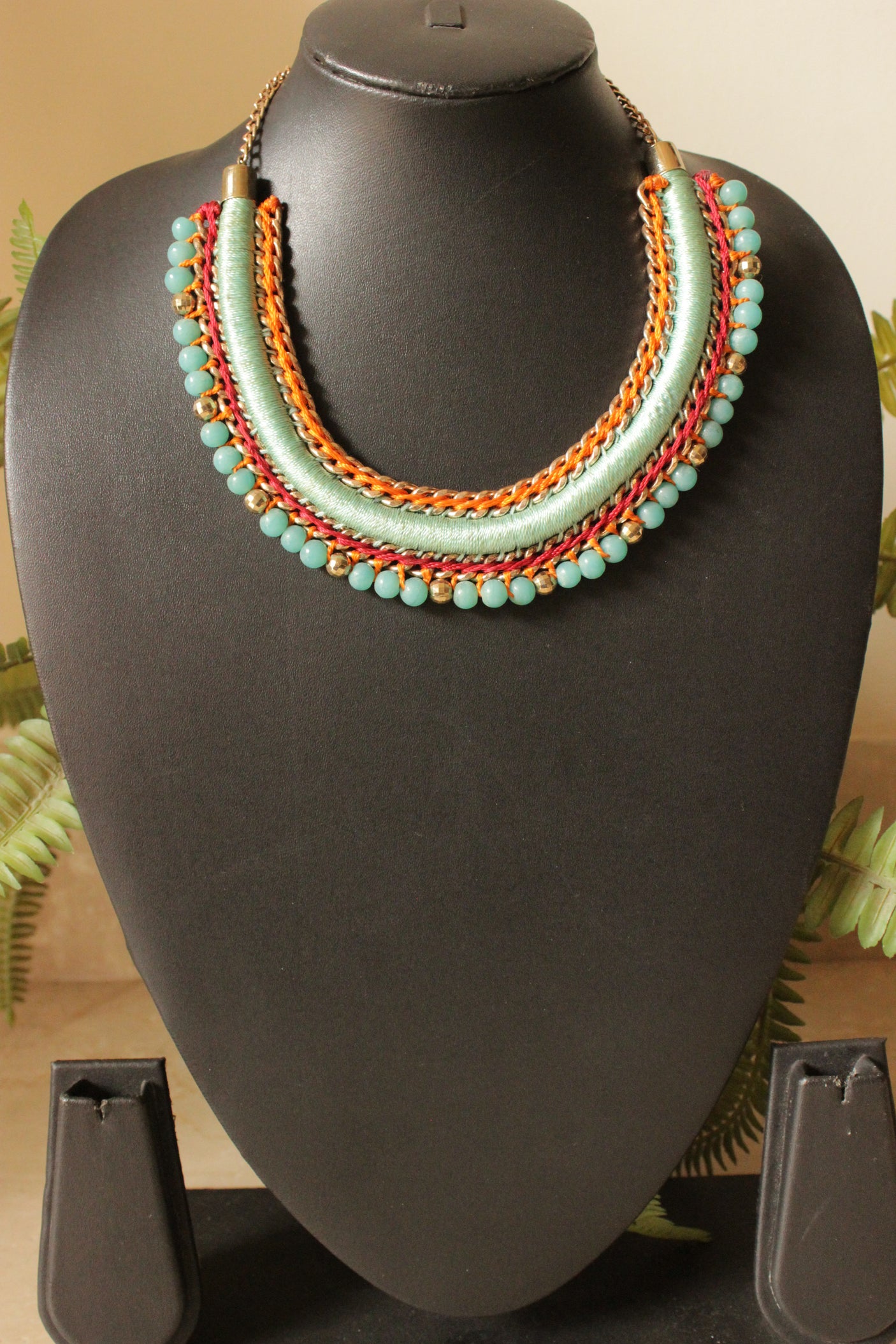 Blue Fabric Threads, Metal Charms and Beads Hand Braided Necklace