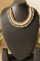 Blue Fabric Threads, Metal Charms and Beads Hand Braided Necklace