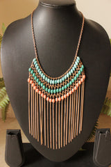 Pink, Green and Blue Beads Bronze Chains Elaborate Necklace