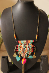Cross-Stitched Crochet Fabric Threads and Pom Pom Chain Closure Necklace