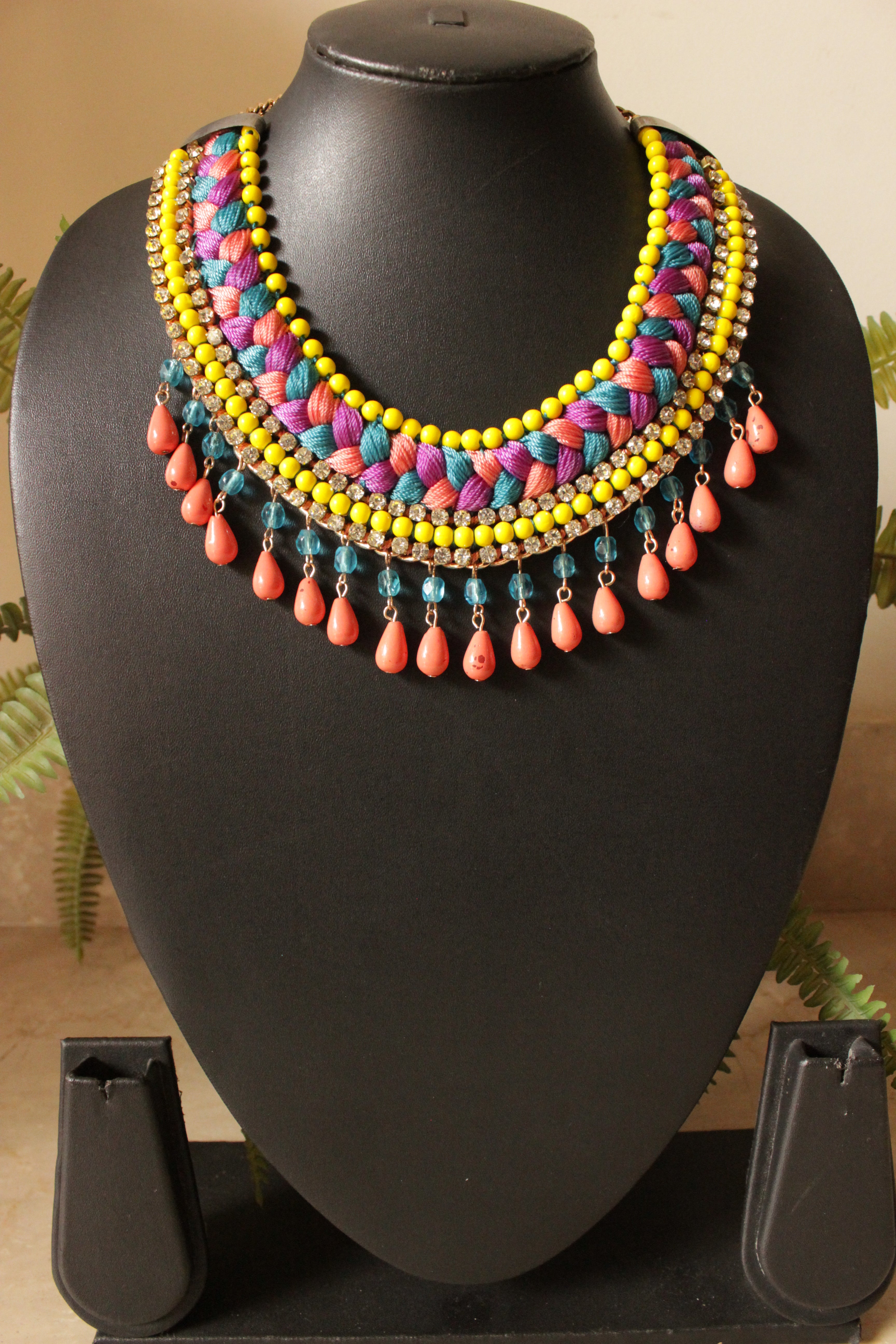 Multi-Color Braided Fabric Threads, Beads and Glass Stones Handmade Elaborate Necklace
