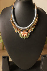 Baby Pink and Green Natural Gemstones Embellished Braided Fabric Threads Boho Necklace