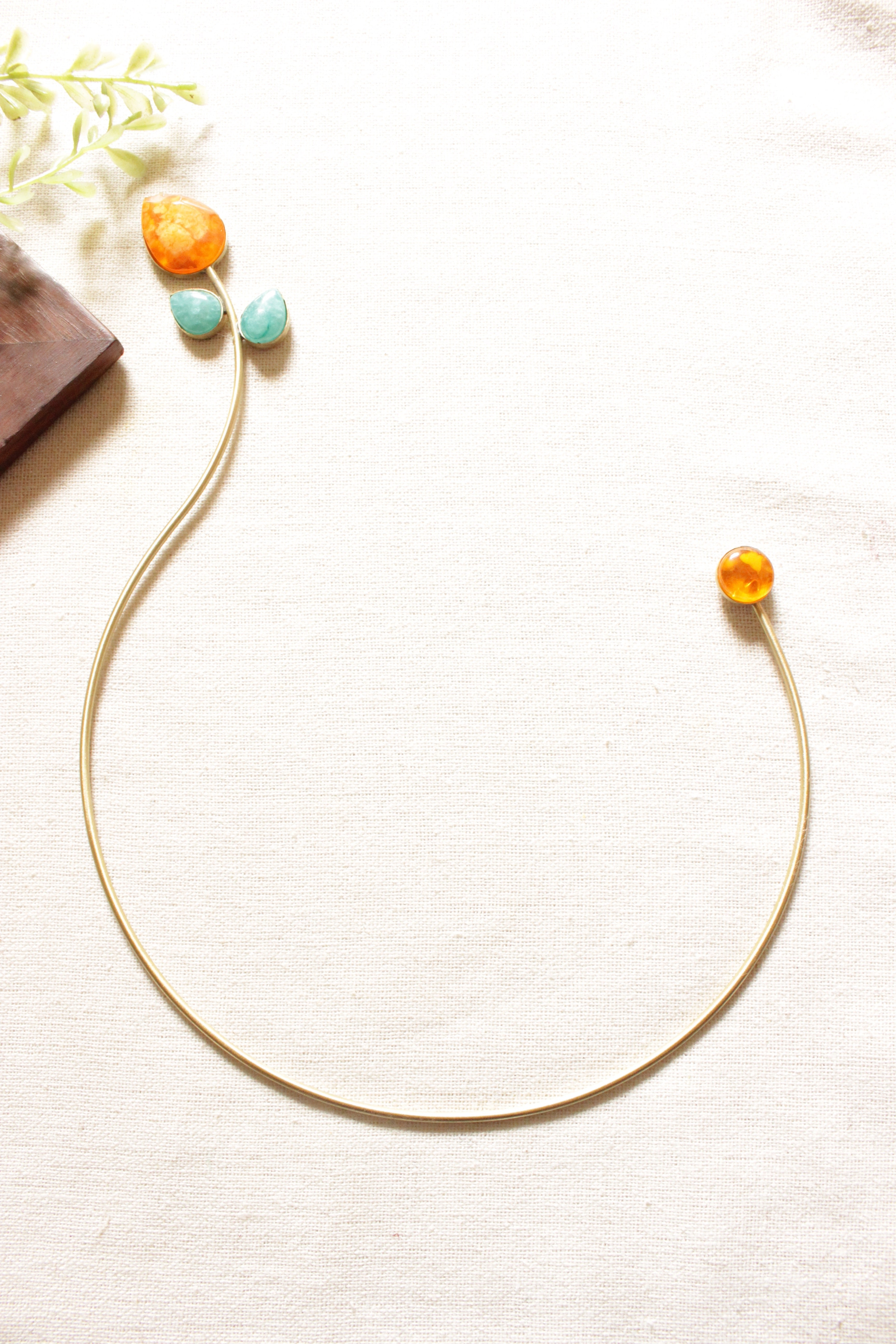 Gold Toned Brass Choker Necklace Embedded with Orange and Blue Gemstones