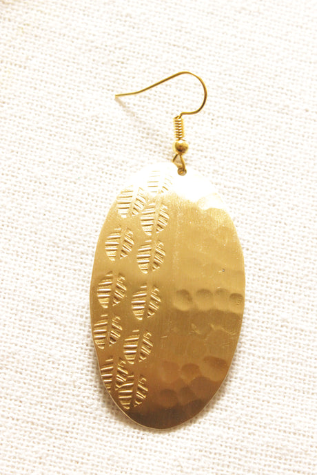 Oval Shape Leaf Motif Engraved Brass Dangler Earrings
