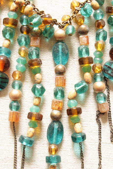 Glass Beads Embedded in Matt Gold Finish Chain Strings Necklace