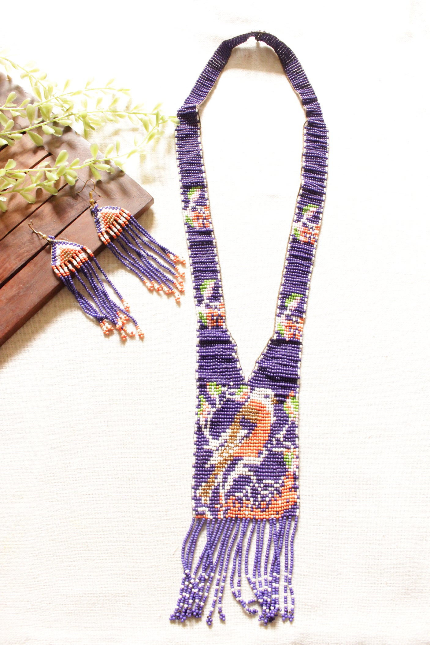 Hand Braided Bird Motif Purple with Orange and Green Tones Beaded Long Necklace Set