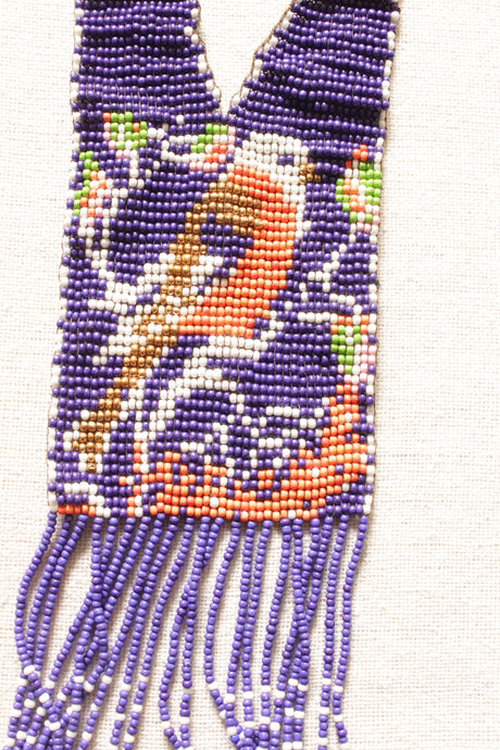 Hand Braided Bird Motif Purple with Orange and Green Tones Beaded Long Necklace Set