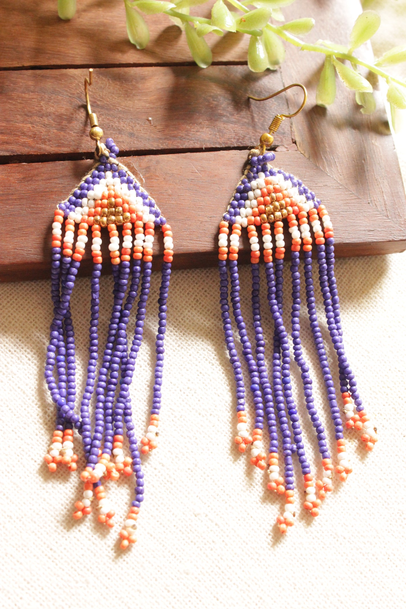 Hand Braided Bird Motif Purple with Orange and Green Tones Beaded Long Necklace Set