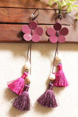 Purple Flower Shape Dangler Earrings with Pink and Purple Pom Pom Strings