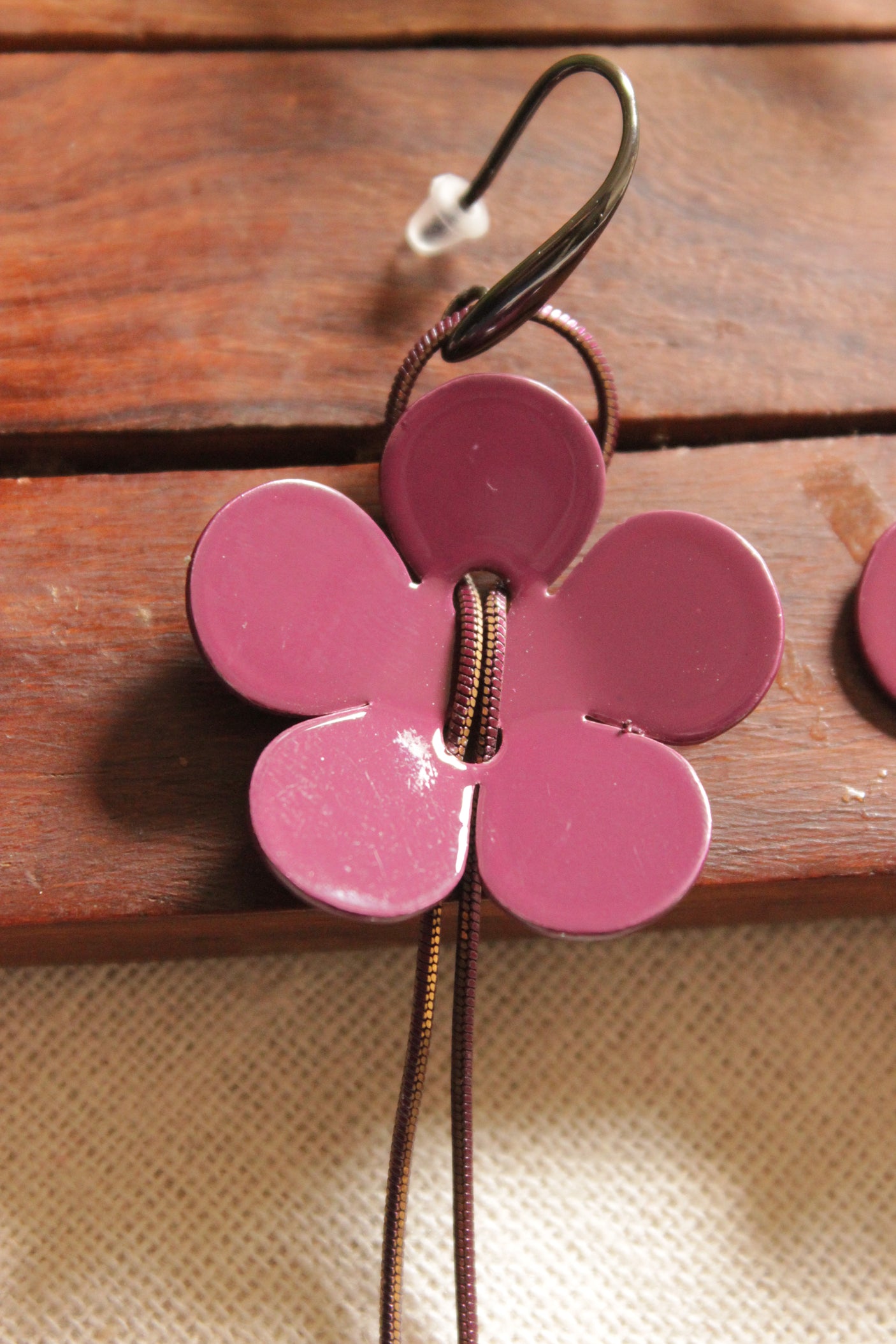 Purple Flower Shape Dangler Earrings with Pink and Purple Pom Pom Strings