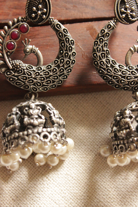 Peacock Shape Oxidised Finish Jhumka Earrings