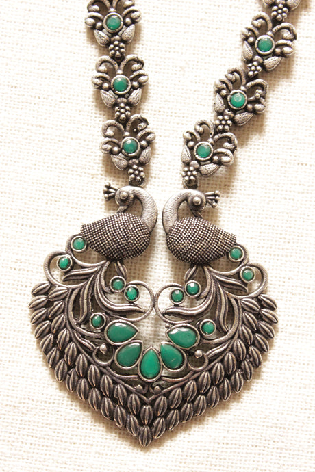 Oxidised Finish Peacock Shape Green Stones Embedded Necklace