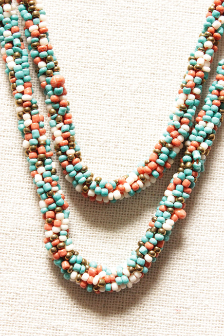 Blue, Orange and White Beaded Handmade 2 Layer Necklace
