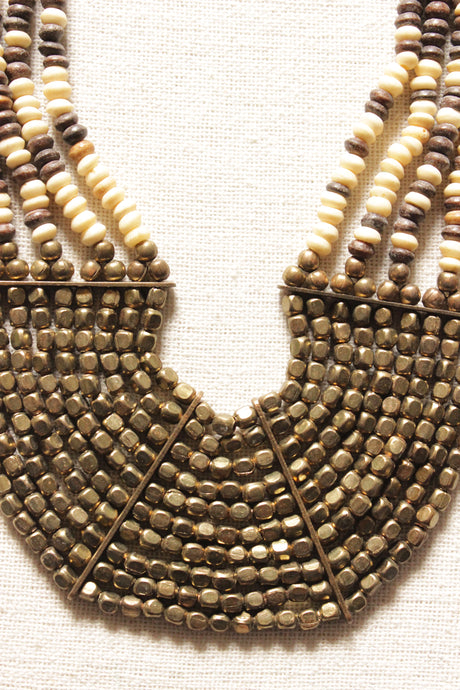 Golden and Ivory Metal Beads Multi-Layer Hand Braided Necklace