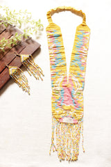 Hand Braided Vibrant Yellow with Pink and Blue Tones Beaded Long Necklace Set