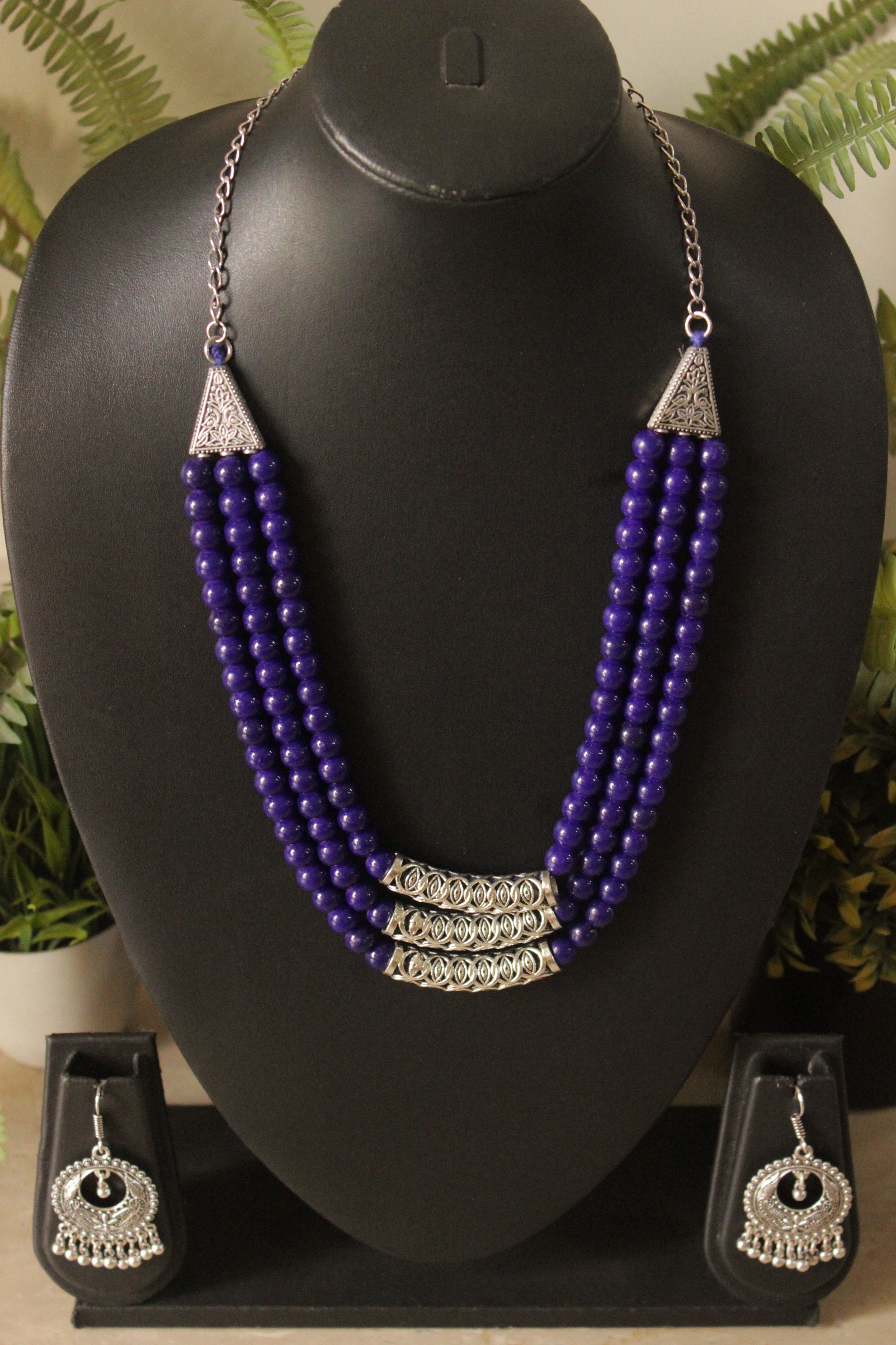 3 Layer Purple Glass Beads Necklace Set with Metal Detailing