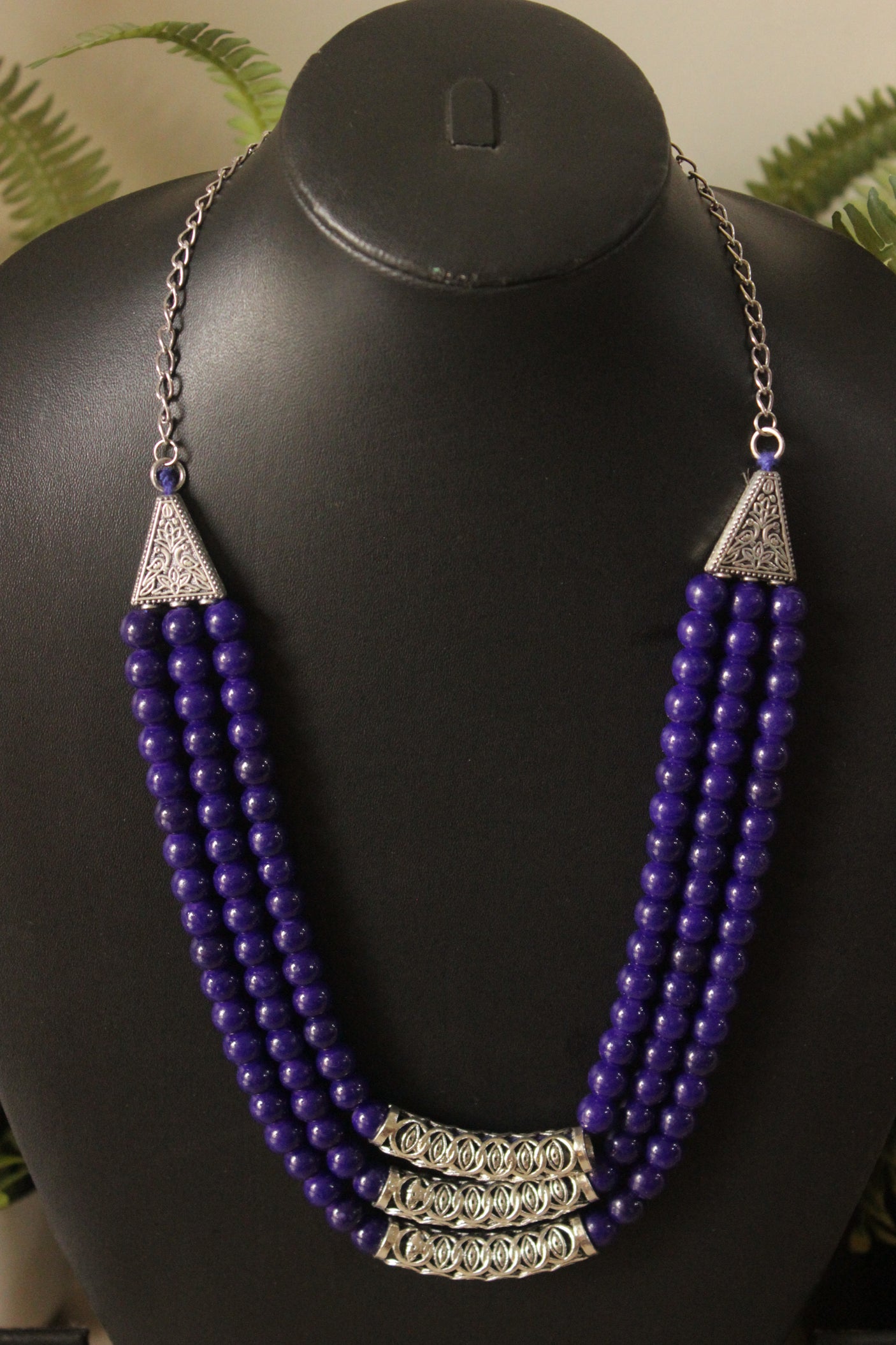 3 Layer Purple Glass Beads Necklace Set with Metal Detailing