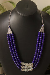 3 Layer Purple Glass Beads Necklace Set with Metal Detailing