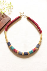 Maroon and Blue Beads Intertwined with Metal and Rope Choker Handmade Necklace