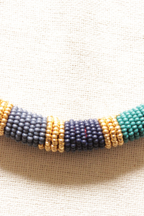 Maroon and Blue Beads Intertwined with Metal and Rope Choker Handmade Necklace