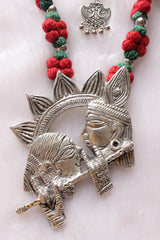 Statement Radha Krishna Motif Braided with Red and Green Glass Beads Necklace Set