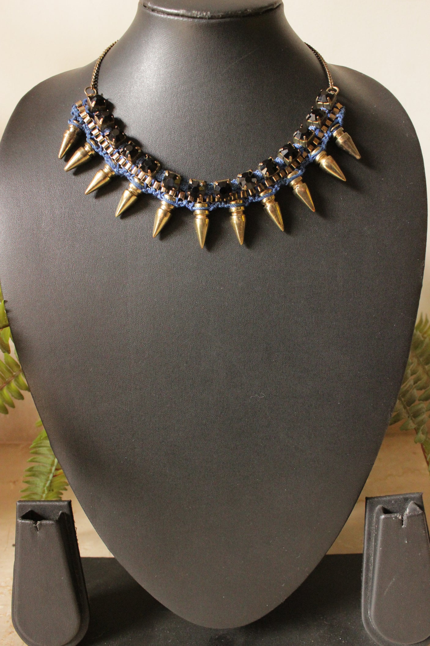 Black Beads and Dull Gold Metal Charms Braided with Blue Rope Necklace