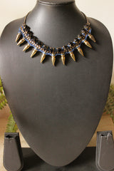 Black Beads and Dull Gold Metal Charms Braided with Blue Rope Necklace