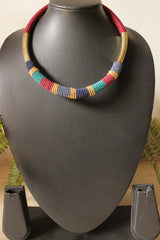 Maroon and Blue Beads Intertwined with Metal and Rope Choker Handmade Necklace