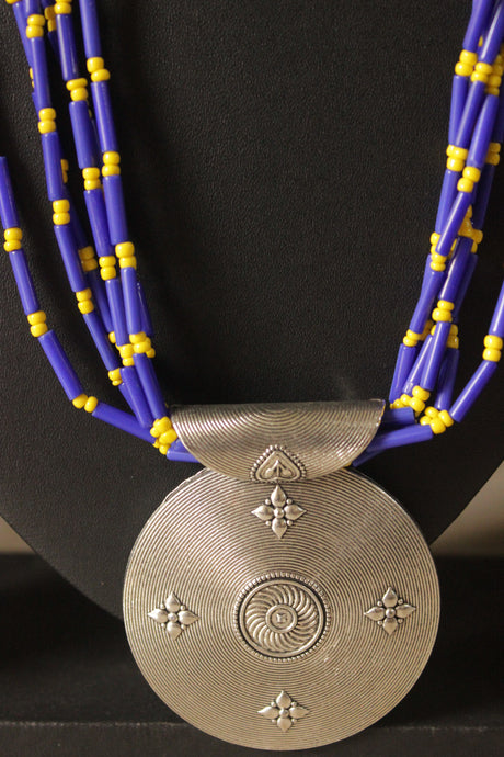 Multi-Layer Violet and Yellow Beads Hand Braided Necklace Set with Metal Pendant