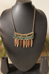 Gold and Bronze Toned Leaf Metal Charms Long Chain Necklace