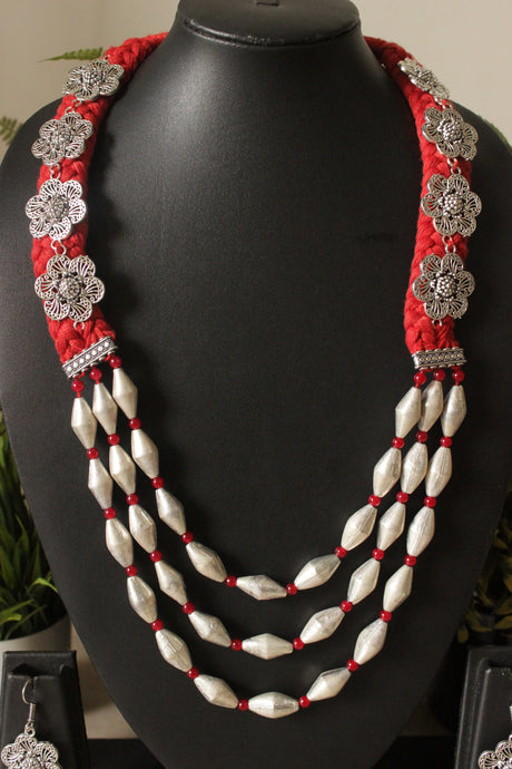 Dholki Beads Flower Motifs Braided Red Necklace Set