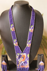 Hand Braided Bird Motif Purple with Orange and Green Tones Beaded Long Necklace Set