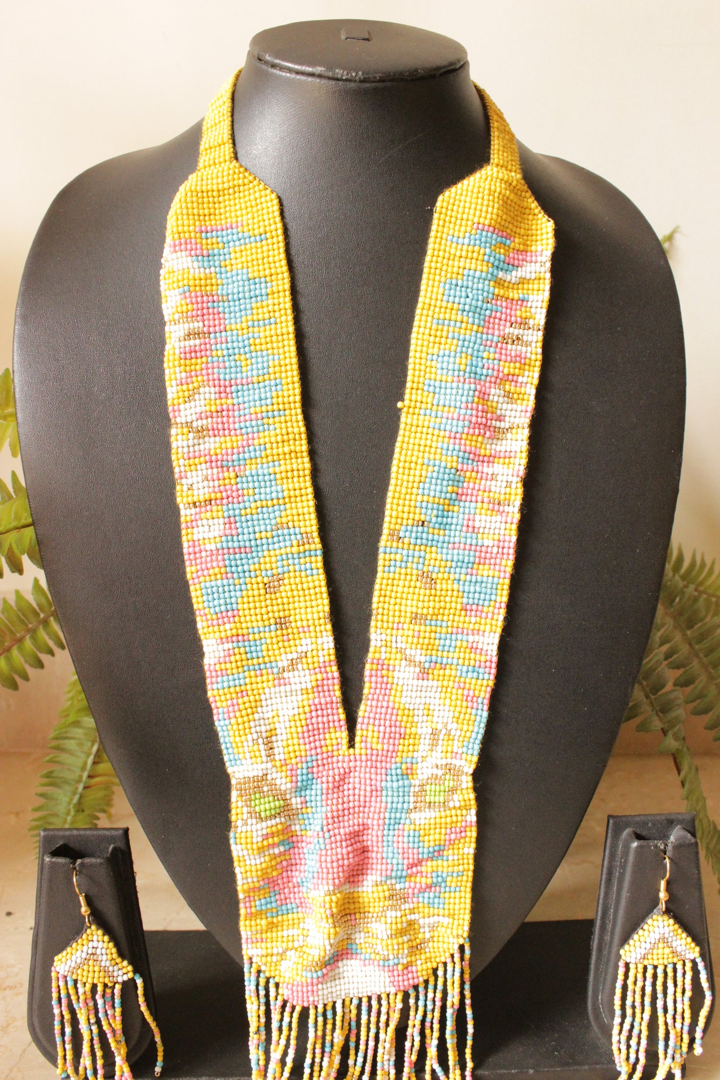 Hand Braided Vibrant Yellow with Pink and Blue Tones Beaded Long Necklace Set