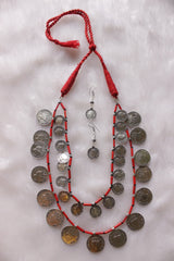 2 Layer Red Beads and Vintage Stamped Metal Coins Braided Necklace Set