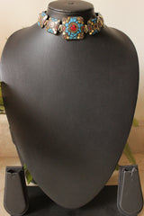 Black with Blue and Gold Toned Adjustable Length Tibetan Choker Necklace