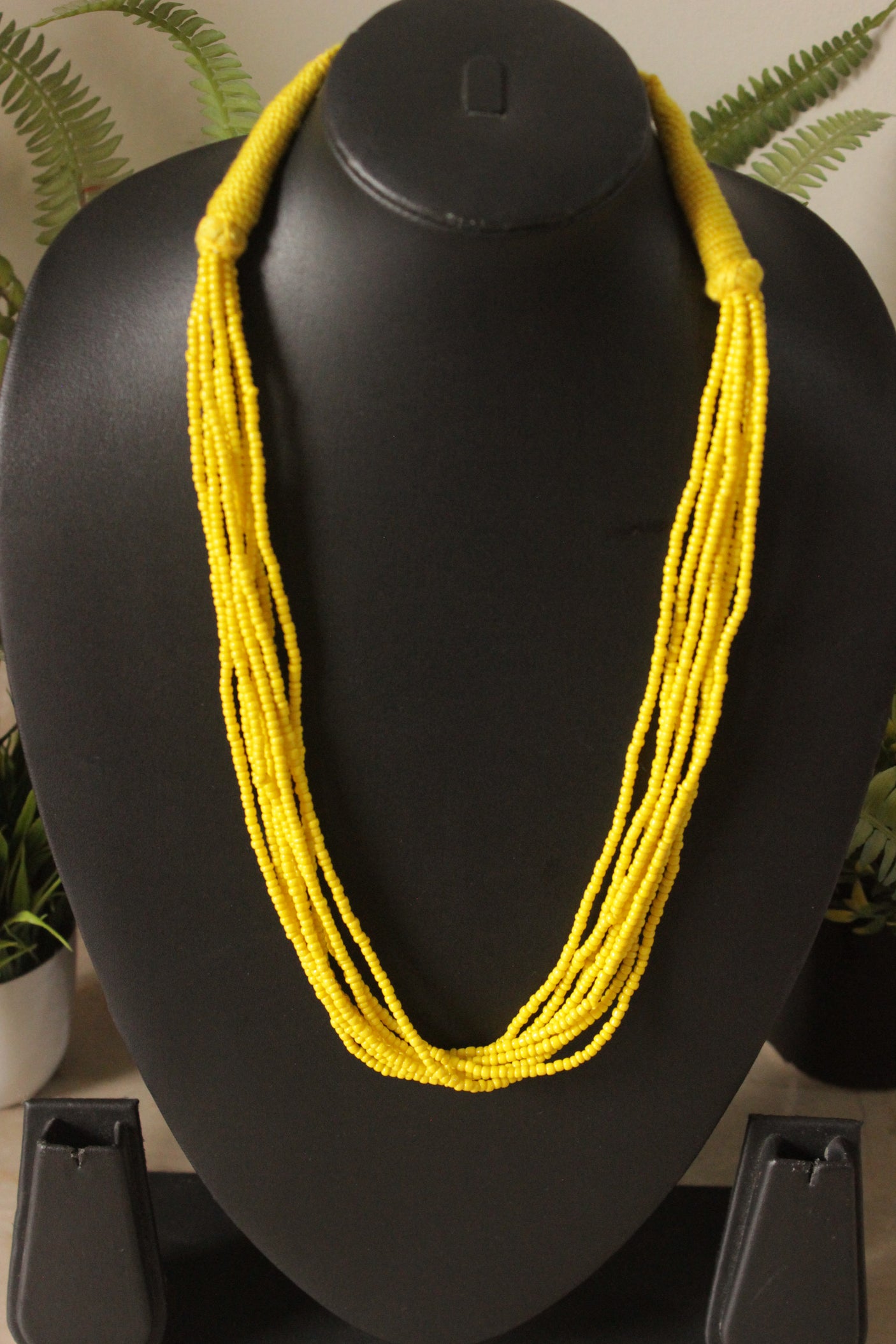 Yellow Beads Braided in Fabric Threads Necklace