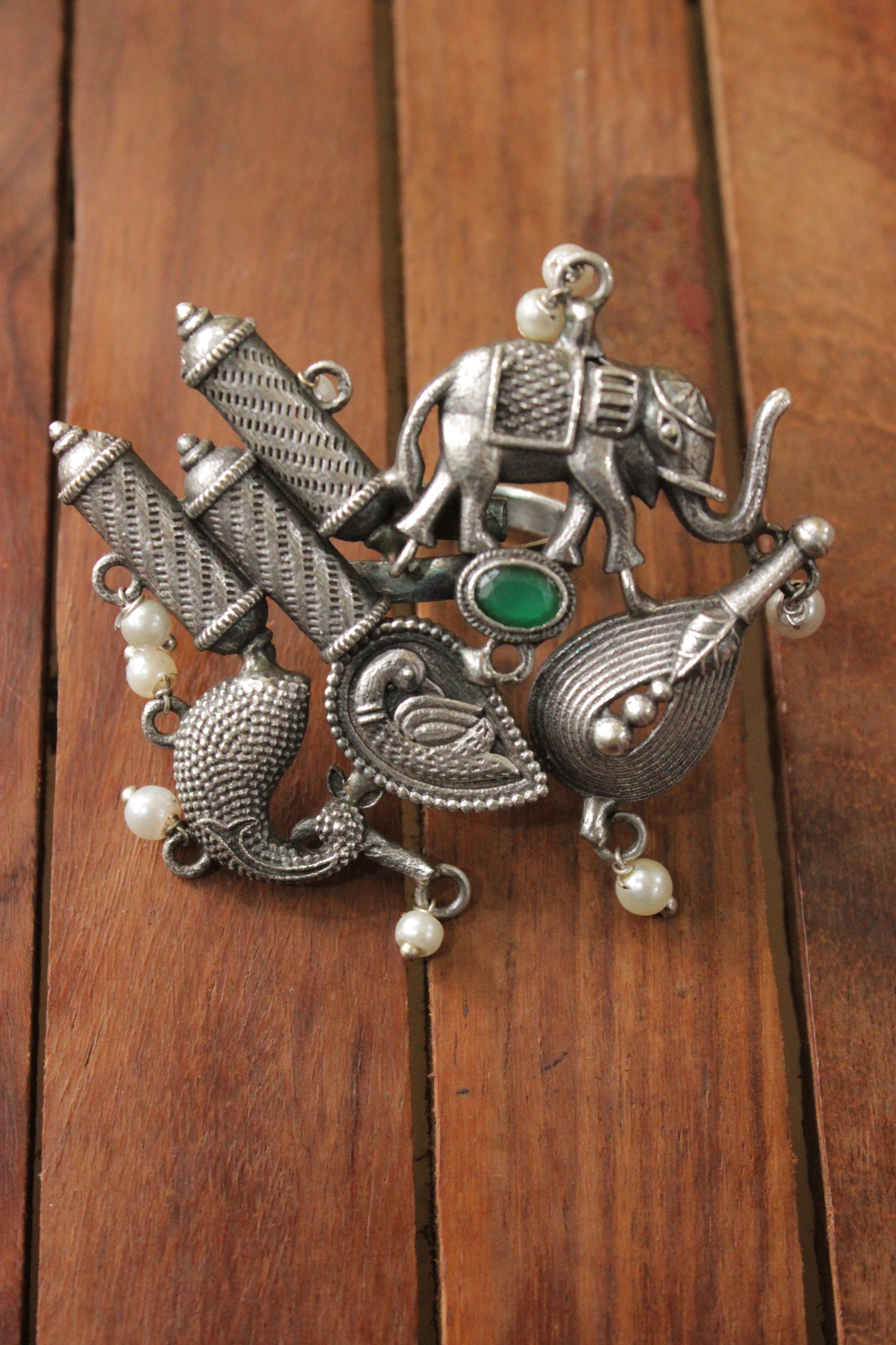 Elephant, Peacock and Fish Motif Oxidised Silver Gemstone Embedded Adjustable Ring