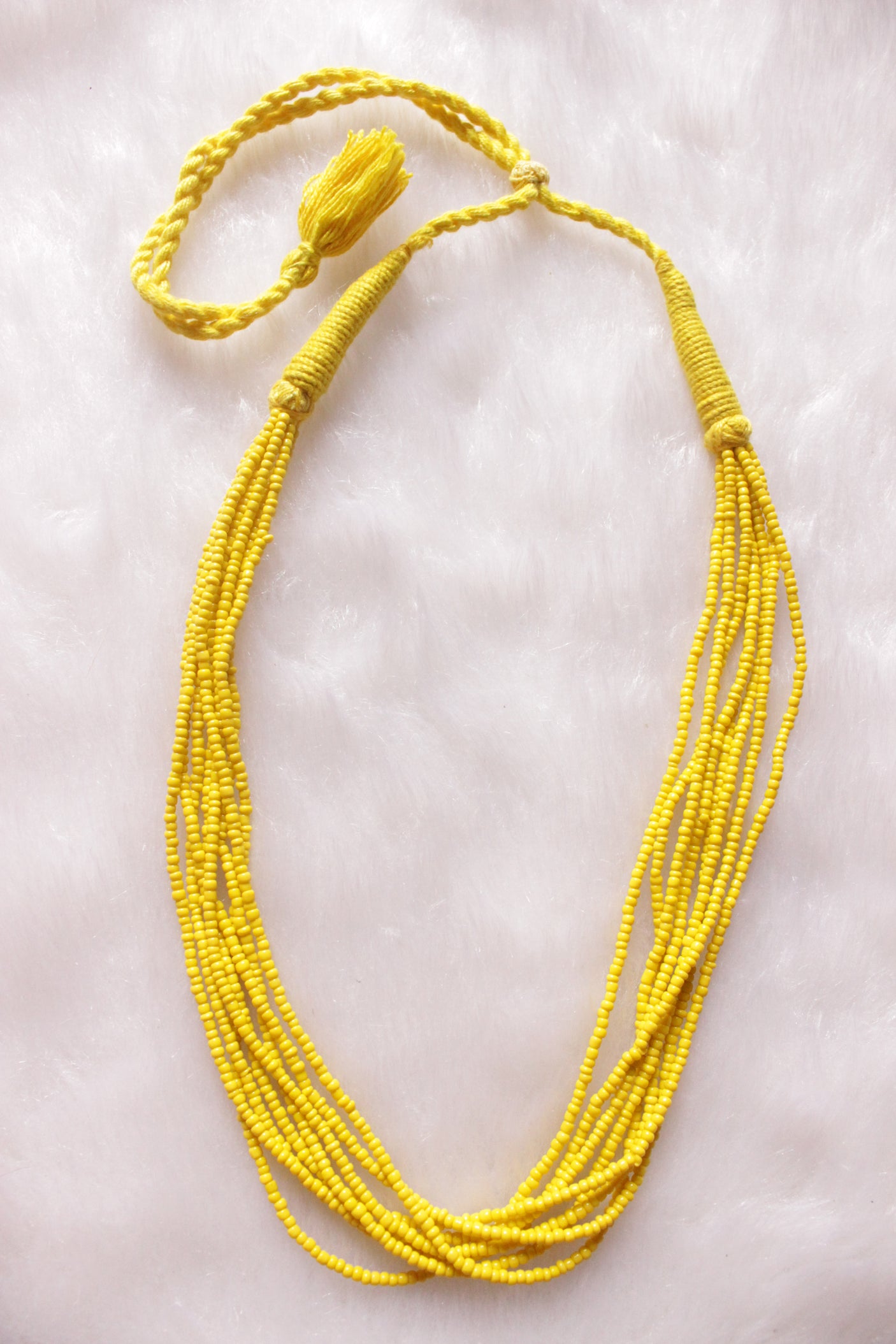 Yellow Beads Braided in Fabric Threads Necklace