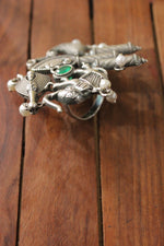 Load image into Gallery viewer, Elephant, Peacock and Fish Motif Oxidised Silver Gemstone Embedded Adjustable Ring
