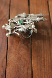 Elephant, Peacock and Fish Motif Oxidised Silver Gemstone Embedded Adjustable Ring
