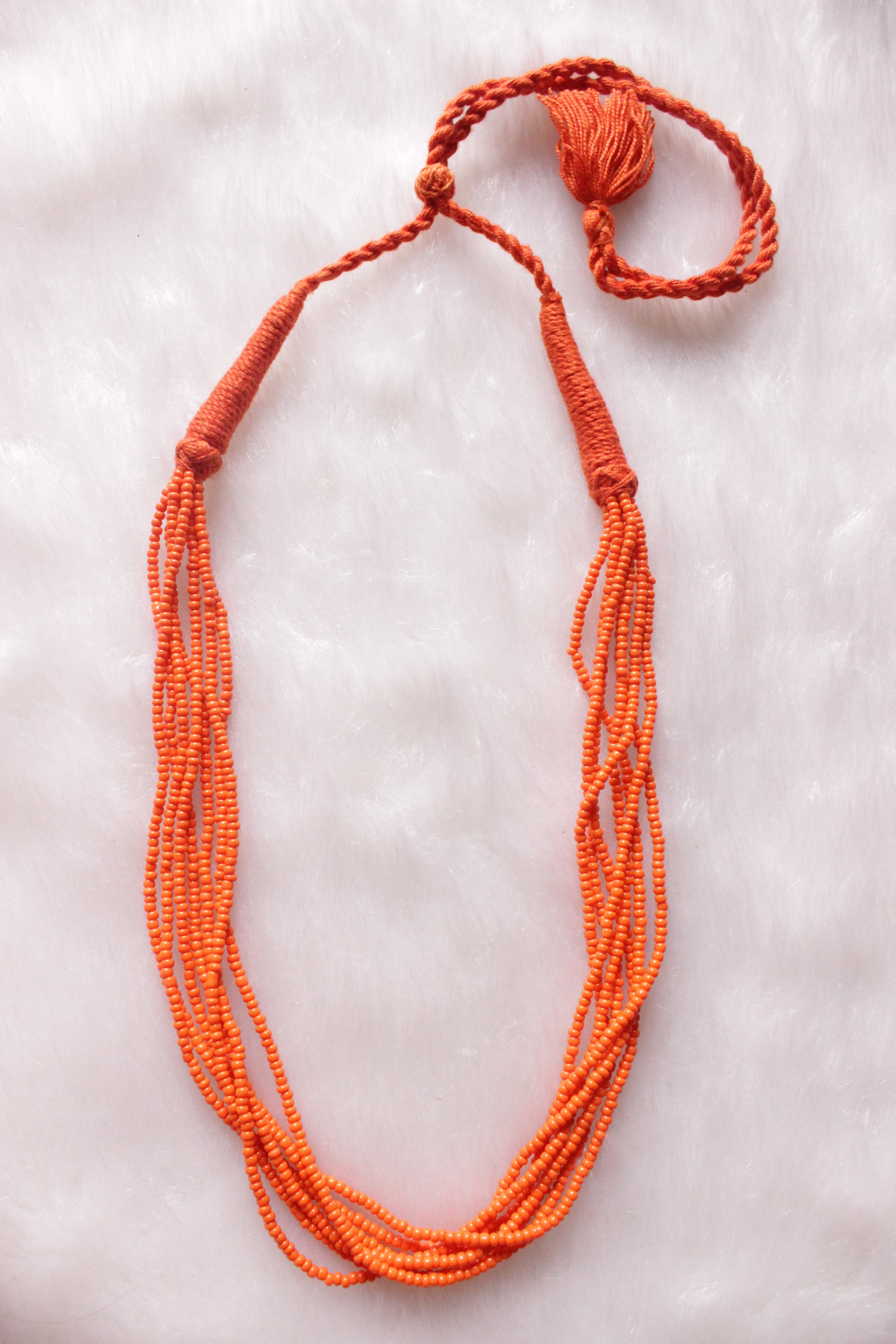 Orange Beads Braided in Fabric Threads Necklace