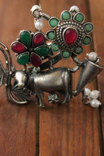 Load image into Gallery viewer, Cow Motif, Red &amp; Green Oxidised Silver Gemstones Embedded Adjustable Ring
