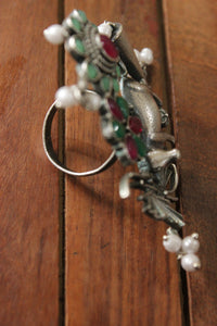 Cow Motif, Red & Green Oxidised Silver Gemstones Embedded Adjustable Ring