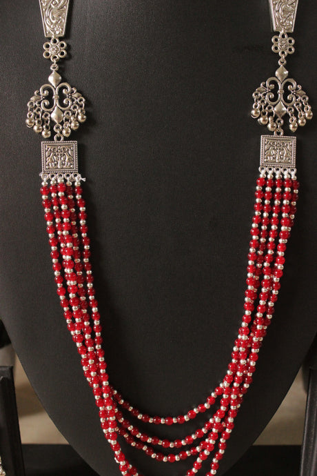 Red Glass Beads and Metal Beads Braided 5 Layer Necklace Set with Metal Charms