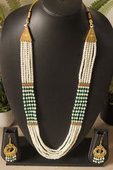 White and Green Braided Beads  Layer Necklace Set Embellished with Gold Finish Metal Accents